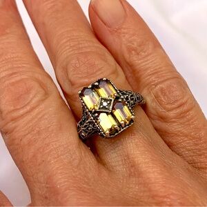 Art Deco Revival Faux Citrine/Diamond Sterling Lauren Taylor Ring Sz 8